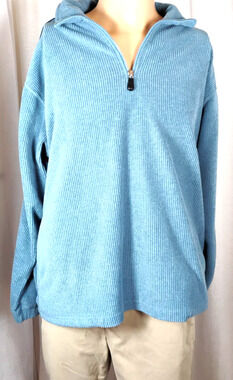 Mens Blue Corduroy 1/4 Zip Sweater Stripe Sleeve Mock Neck Preppy Academia Med